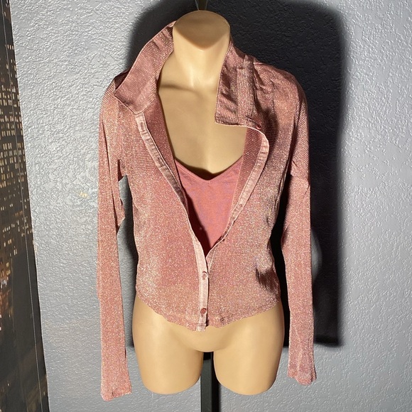 HOLLISTER - top & tank: taupe metallic sheer button down l/s w detach. tank - L - Picture 2 of 16